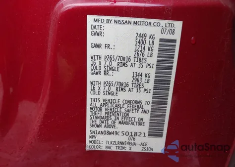 2009 Nissan Xterra Off Road/S/Se from USA, damaged, VIN 5N1AN08W49C501821